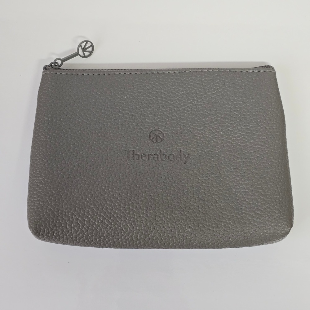 Therabody Pouch Make Up Bag Gray Pebbled Faux Leather Zippered Travel Minimalist